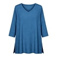 thumbnail image 4 of Puntoco Women's 3/4 Sleeve Oversized T-Shirts V Neck Comfy Casual Tunic Tops Knit Side Basic Split Loose Fit Tees Blue XL, 4 of 6