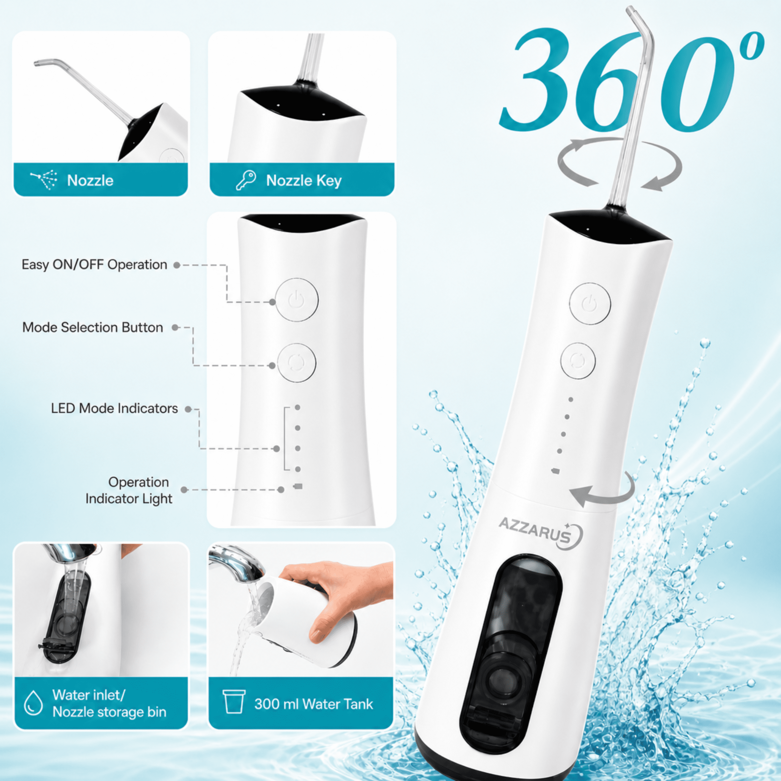 AZZARUS® Water Flosser – Cordless Oral Irrigator, Portable, 300ml Tank, 4 Modes, 5 Tips, Rechargeable, Waterproof (White)