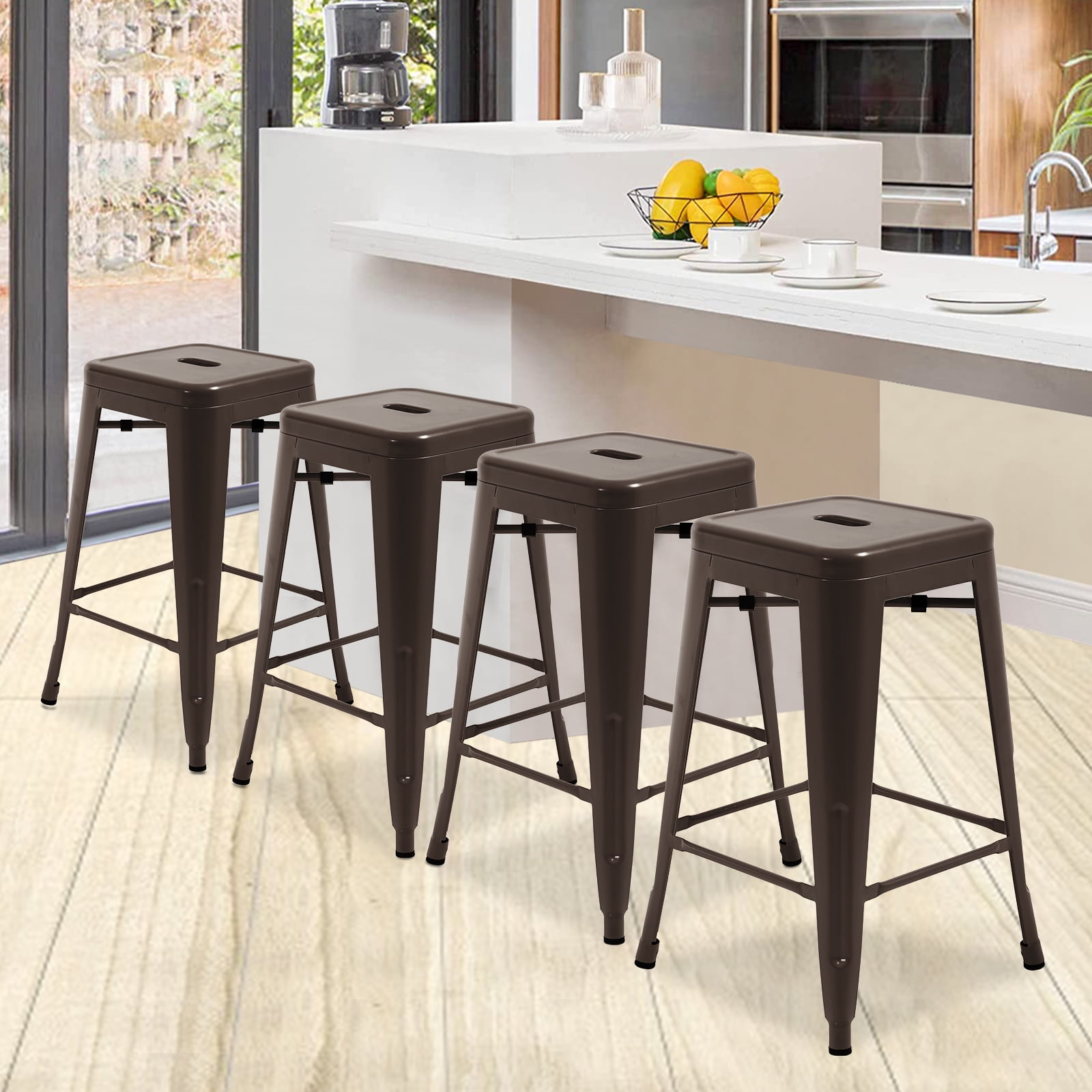  Alunaune 24 Metal Bar Stools Set of 4 Industrial Backless  Counter Height Barstools Kitchen Patio Stool Stackable with Wooden Seat-  White : Home & Kitchen