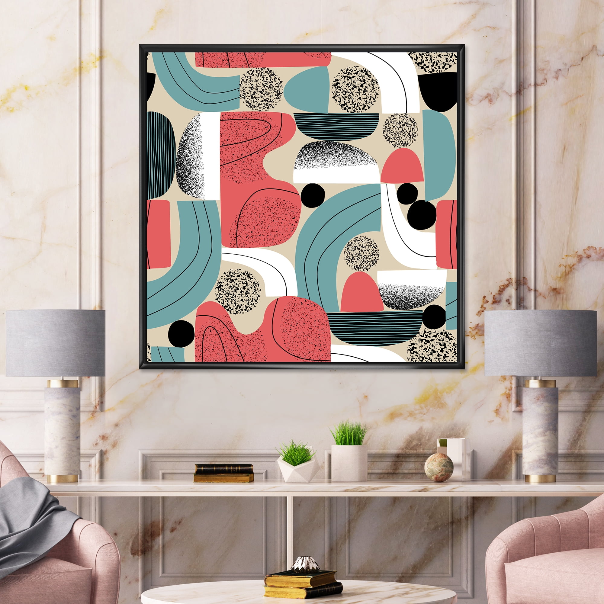 Designart 'Retro Shapes With Abstract Moons and Suns III' Modern Framed Canvas Wall Art Print