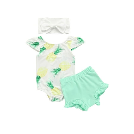 

Calsunbaby Newborn Baby Girls Outfits Set Flying Sleeve Pineapple Romper Solid Shorts Headband Summer Clothes Green 0-3 Months