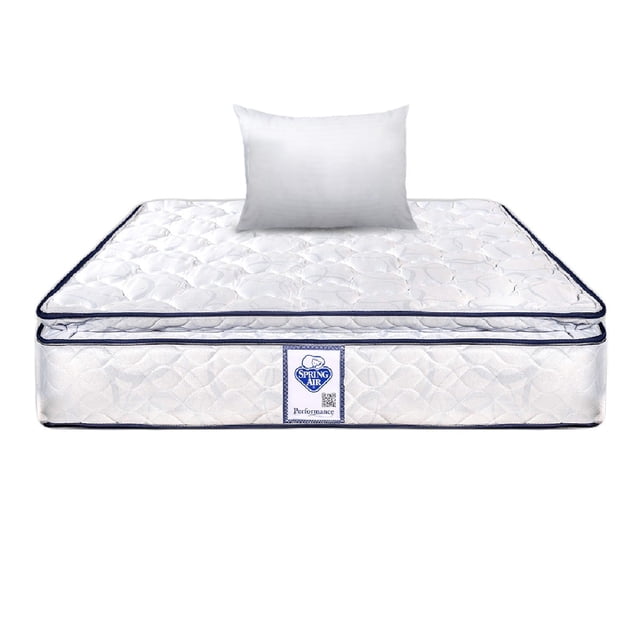colchon spring air individual panama city + 1 almohada sc colchón individual Spring Air Panamá City con colchoneta superior y almohada, vista frontal centrada, tapizado blanco con quilting circular, ribete azul marino y etiqueta visible; confort medio-firme y unidad de resortes continuos entrelazados para soporte estable, fondo blanco.
