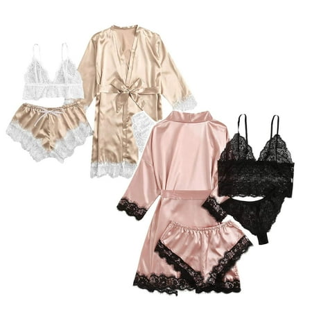

Dtydtpe 4-Piece Women Sexy Garter Lingerie Set Robes Lace Bodysuit Deep-V Neck Underwear Woman s Silk *2PCS