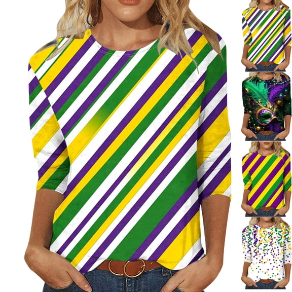 Mardi Gras Shirt Women Plus Size Cute Graphic Crew Neck Funny Tee Tops Casual Trendy 3/4 Sleeve Party Carnival Pullover Holiday New-Orleans Tunic Shirts