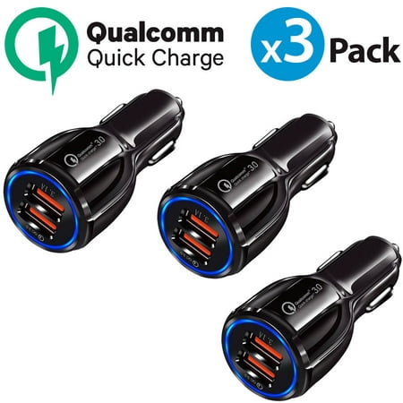 3 Pack Dual USB QualComm Quick Charge Car Charger Fast Dual-Port USB For iPhone X iPhone 8 Plus Samsung Galaxy S8 S8+ Plus S9 S9+ Plus Note 9 S7 Edge Note 4 LG G7 OnePlus 5 Google Pixel 2 XL Black