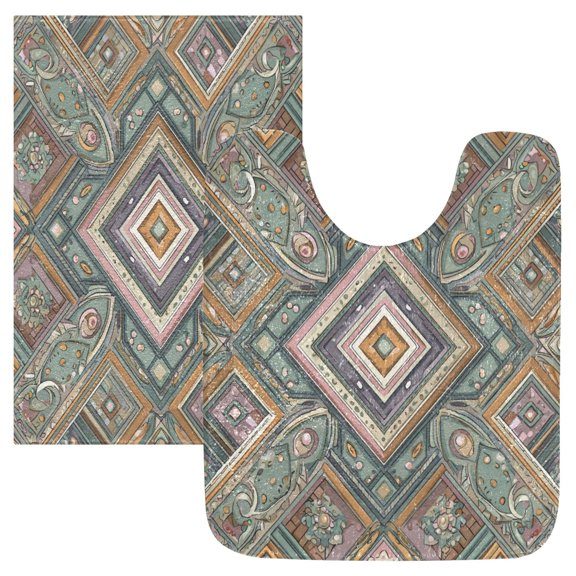 2 Piece Bath Mat Set with U-Shaped Toilet Mat and Rectangle Bath Rugs Non Slip Machine Washable Bathroom Mats Intricate Brown Batik Pattern