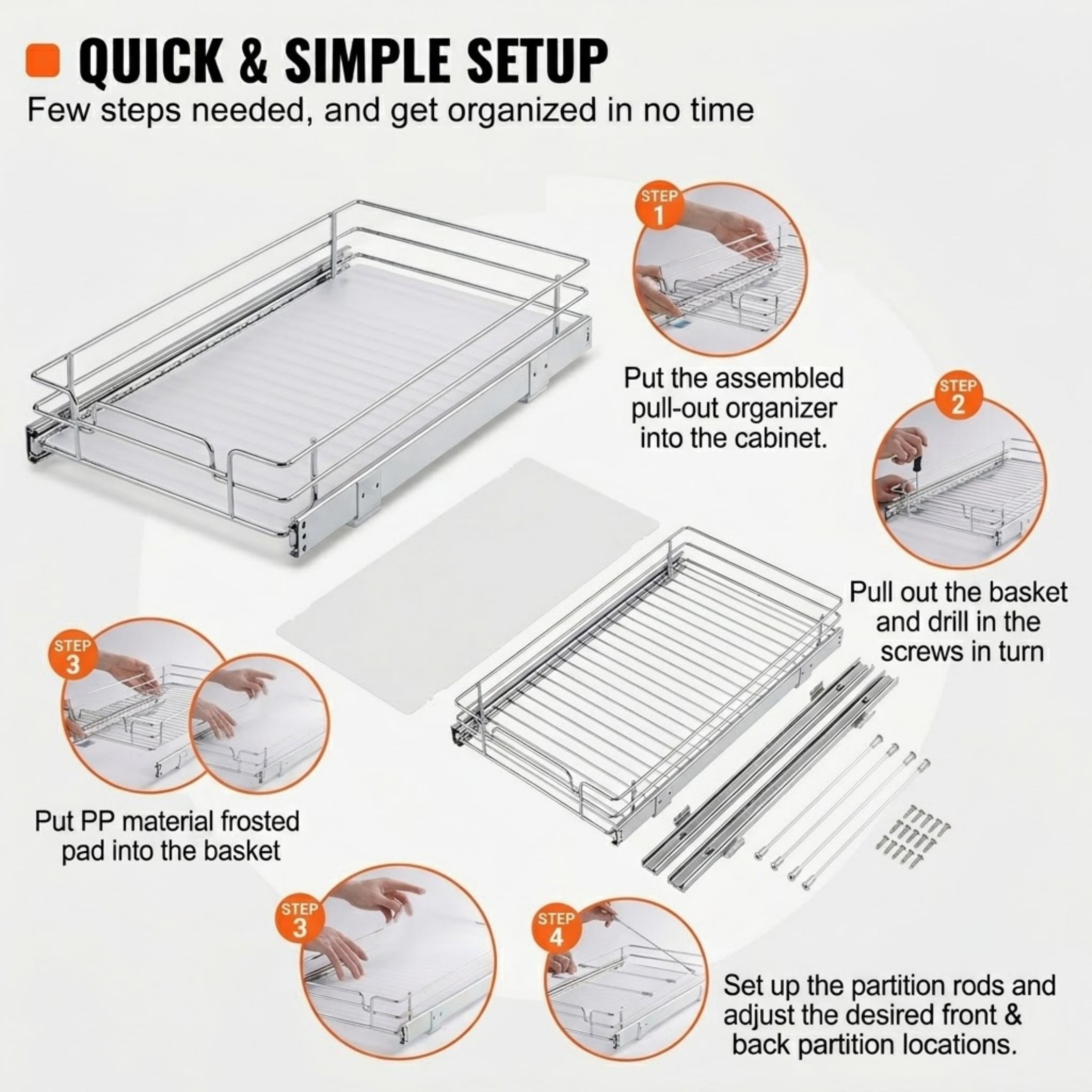 11"W x 21"D Steel Pull Out Cabinet Organizer, Heavy Duty Slide Out Pantry Drawer for Under Sink