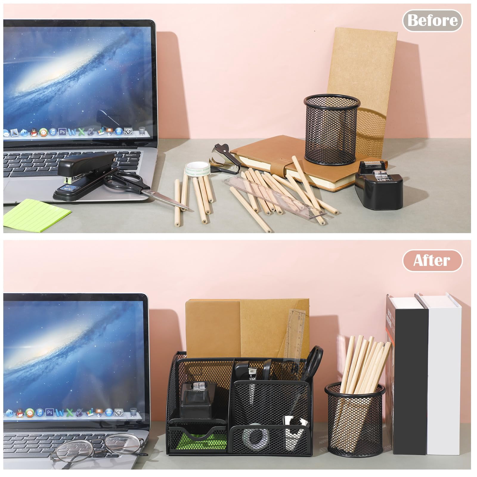 Black Desk Organizer And Accessories  Asccessories Office Supply Kit Include Mesh Desktop Stapler 1000 Staples Tape Dispenser Pen Holder Staple Remover Clips Ruler