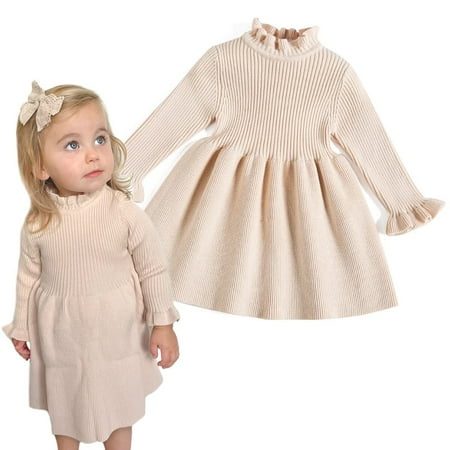 

Simplee kids Little Girls Long Sleeve Girl Dresses and Rompers Ribbed Knit Sweater Dress Apricot for 12 Months