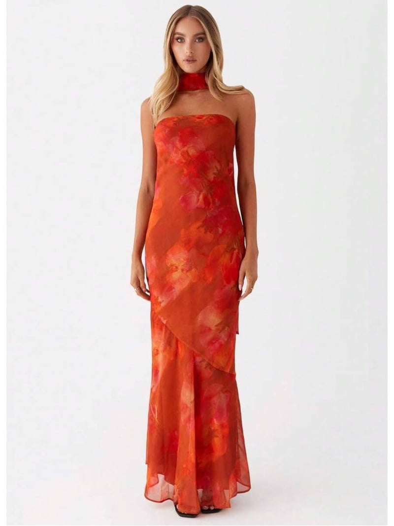 choker maxi dress red Vesper Petite bengaline choker neck detail bandeau side split maxi dress in red