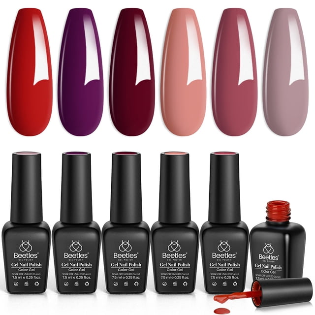 Set de esmaltes en gel Beetles, 6 unidades, burdeos, rojo, morado y marrón