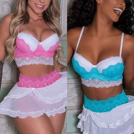 

Yirtree 2Pcs/Set Women Skirt Lace Stitching Push Up Female Close-fitting Bra Mini Skirt Set for Couple