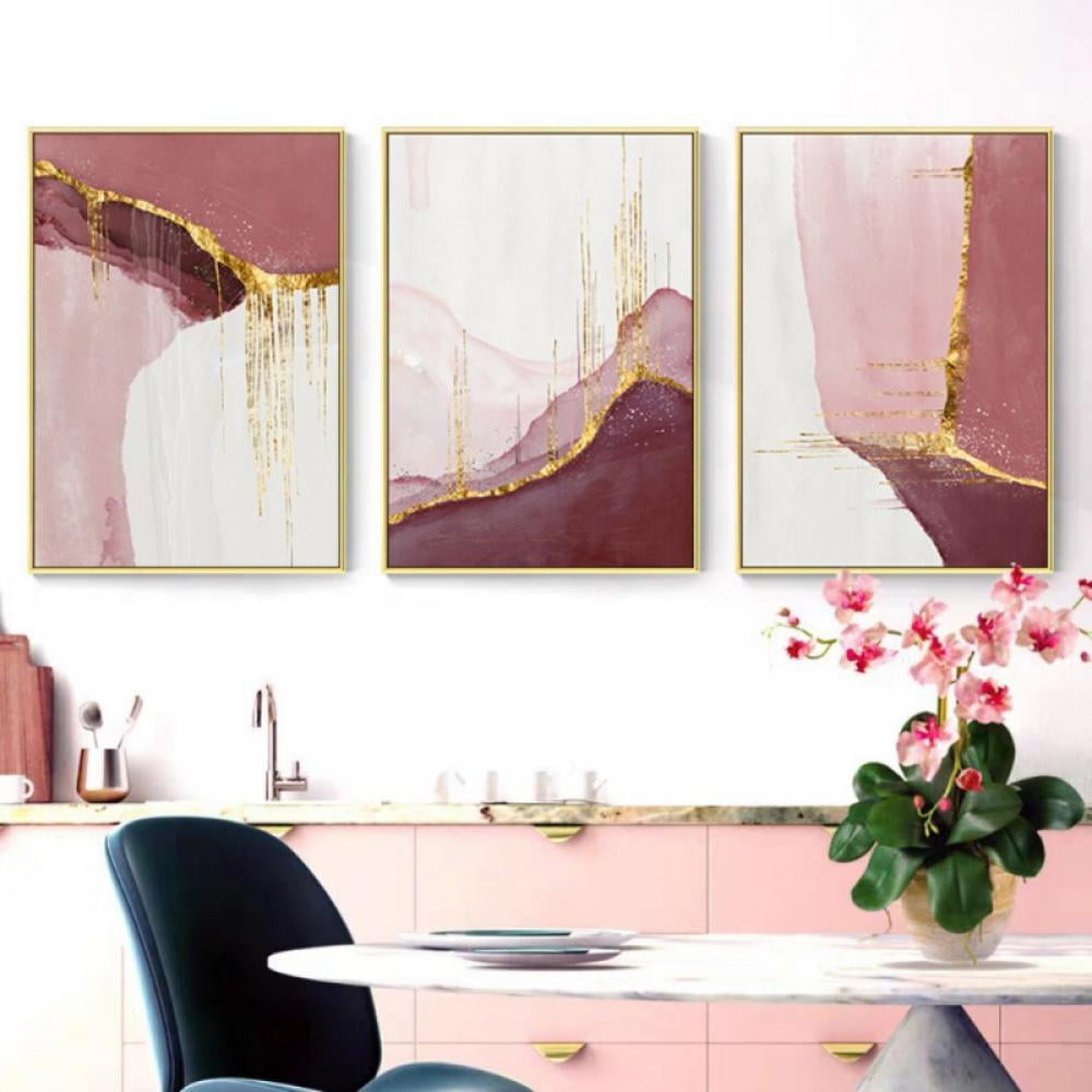 3PCS Wall Painting Wall Art Decor- Decorative Painting Pink Gold Ink Painting for Home Living Room Bedroom Restaurant Study Aisle Decor, 30cm*45cm