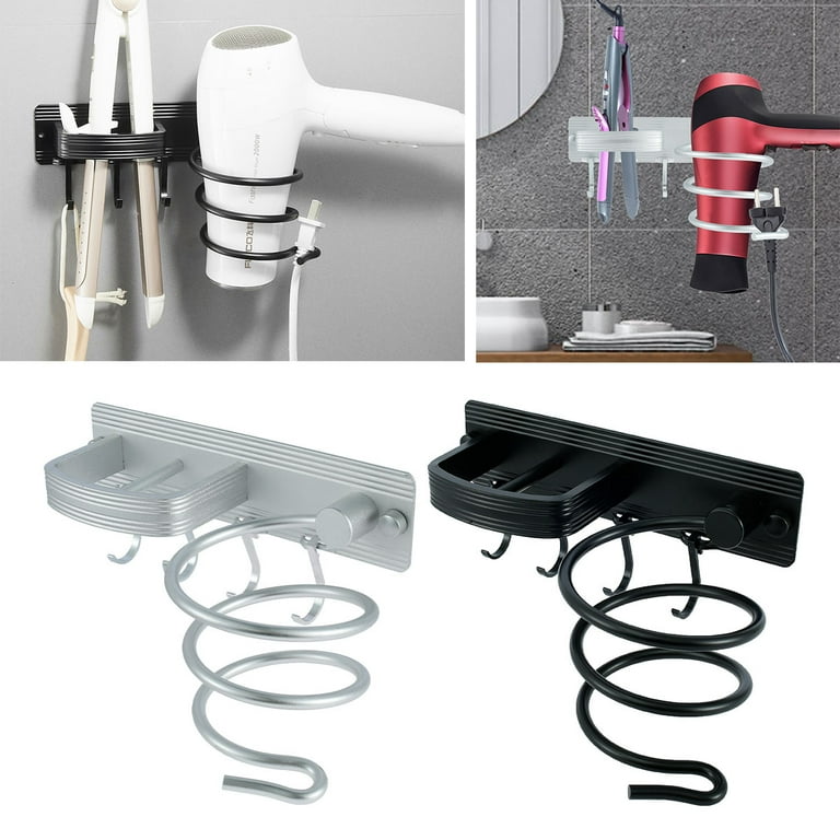 Hands DIY Hair Dryer Holder with 4 Hooks Wall Mount 2 Sections Metal Hair Dryer Hanger Bathroom Bedroom Hair Care Tool Organizer Holder for Hair