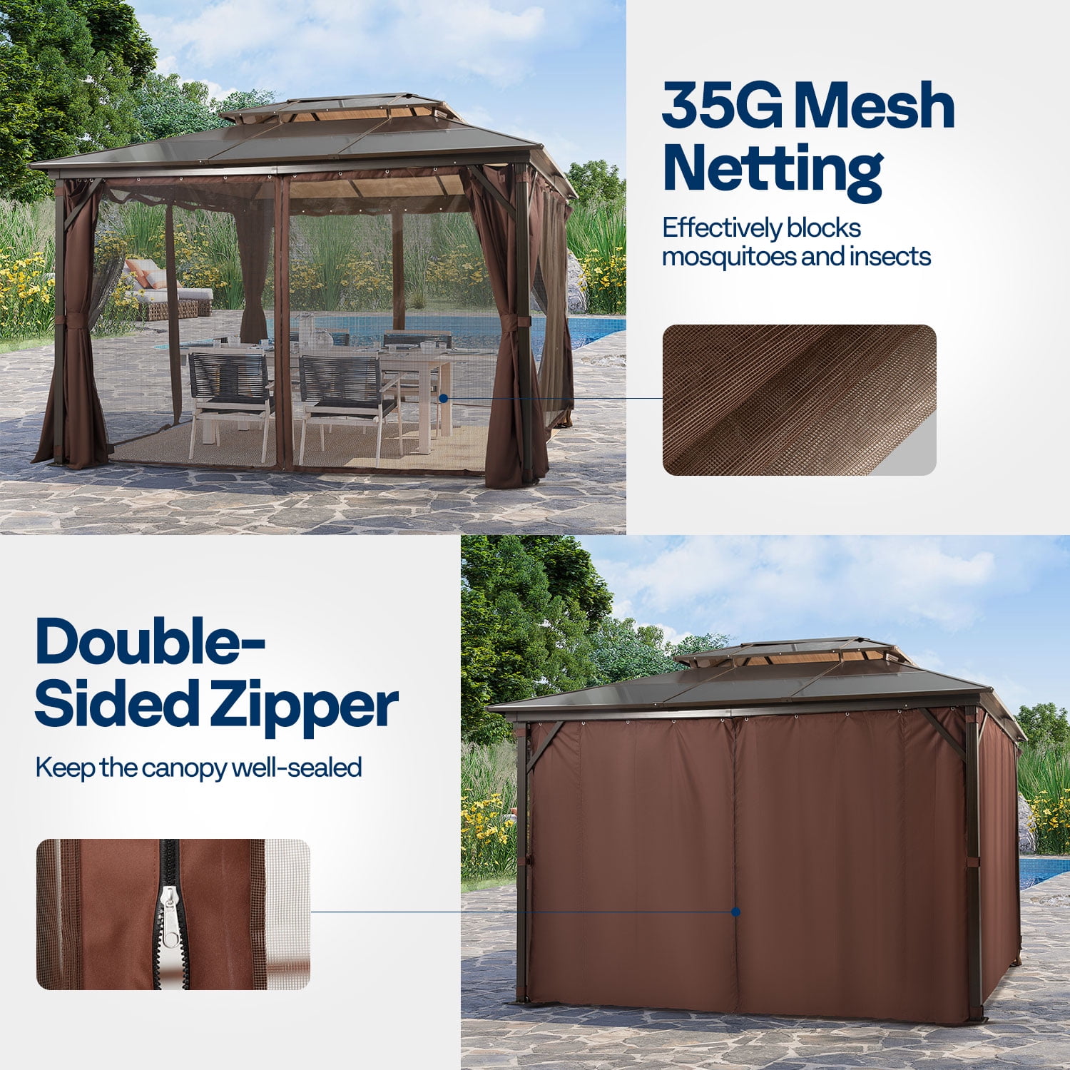VIVOHOME 10' x 13' Double Roof Hardtop Gazebo, Polycarbonate Roof & Aluminum Alloy Frame with Netting & UV-Proof Privacy Curtain