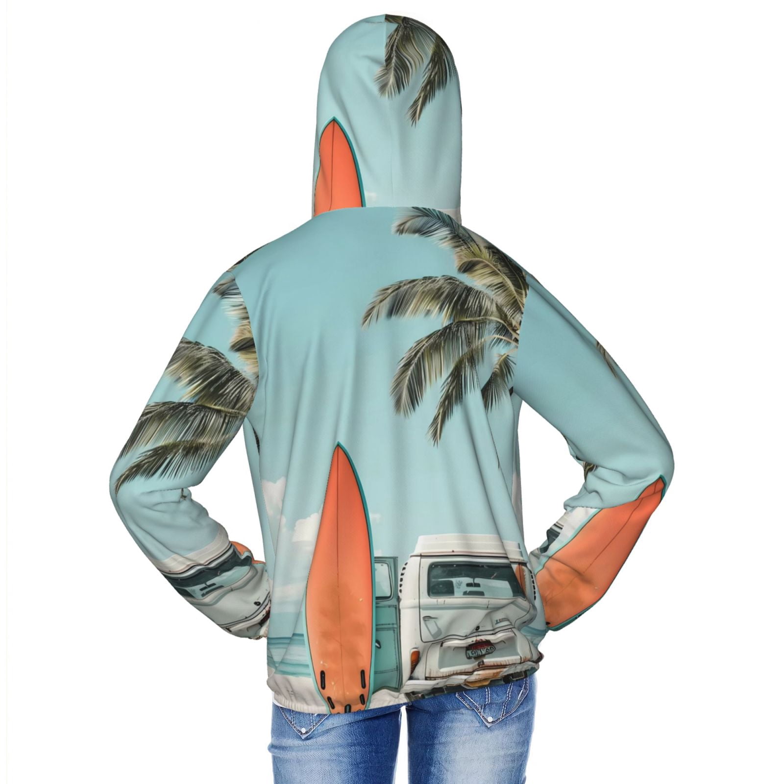 Xecao Vintage Surf Van Beach Print Fishing Shirts for teenager Long Sleeve UV Sun Protection Hoodie with Zipper Outdoor Hiking Shirts-Medium