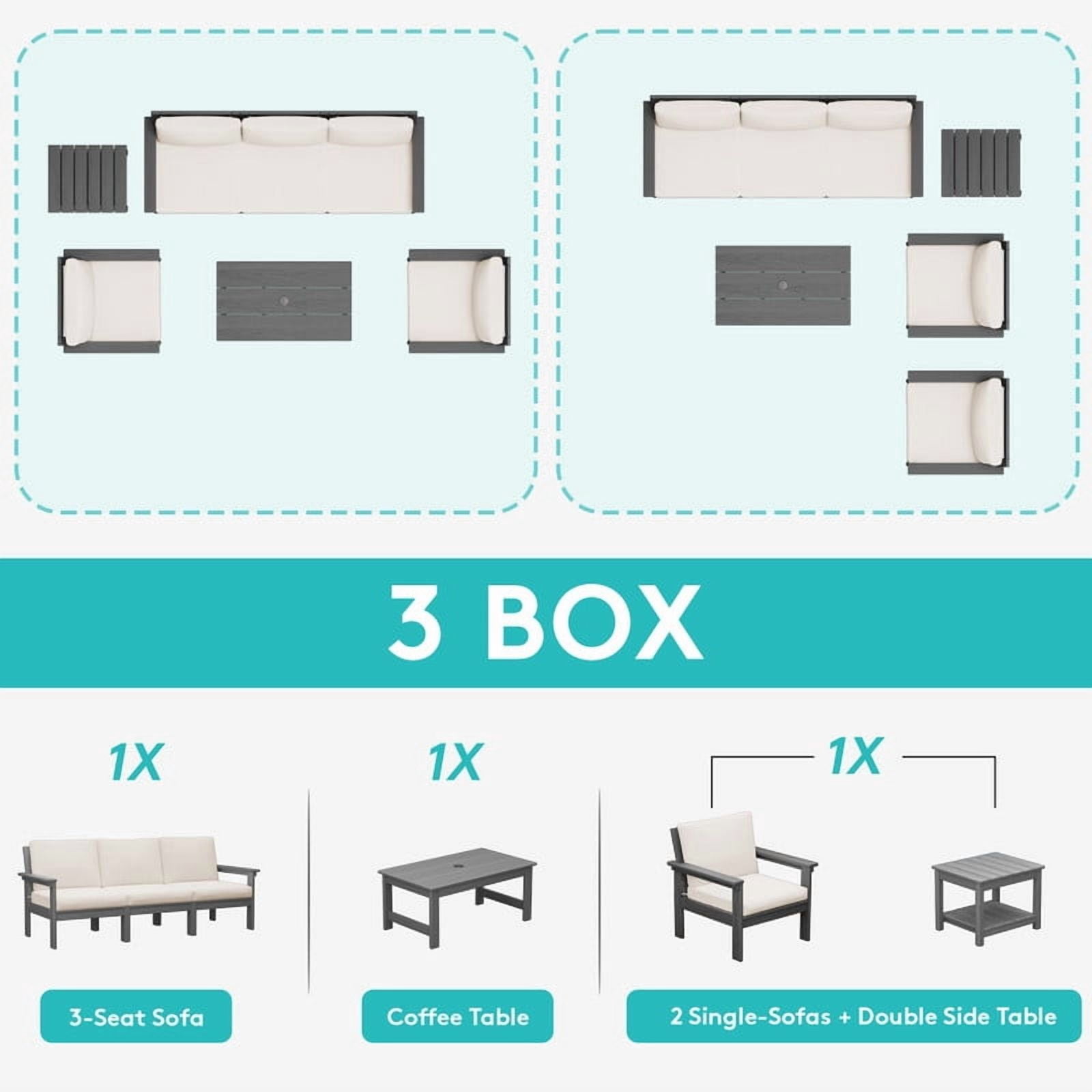 FUNDAZE Oversize 5 Pieces Patio Furniture Sets, Waterproof HDPE Frame Outdoor Conversation Sets Perfect for Patio, Poolside & Backyard, Grey Frame with Khaki Cushion