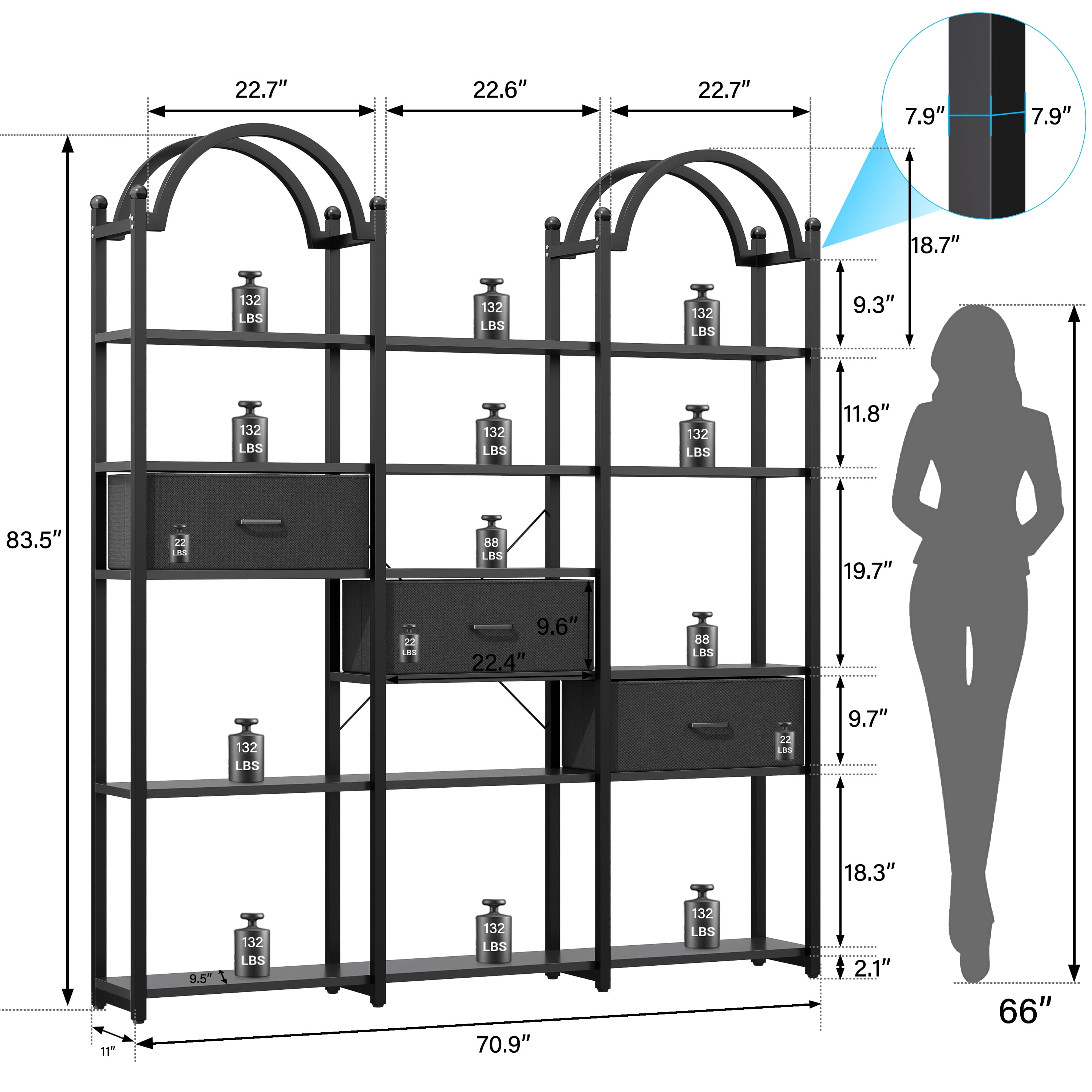Modfurne 83.5" Tall Arched Bookshelf, Triple Wide 6-Tier Large Open Book Shelf Etagere Bookcase with Display Shelf and Metal Frame for Living Room, Black