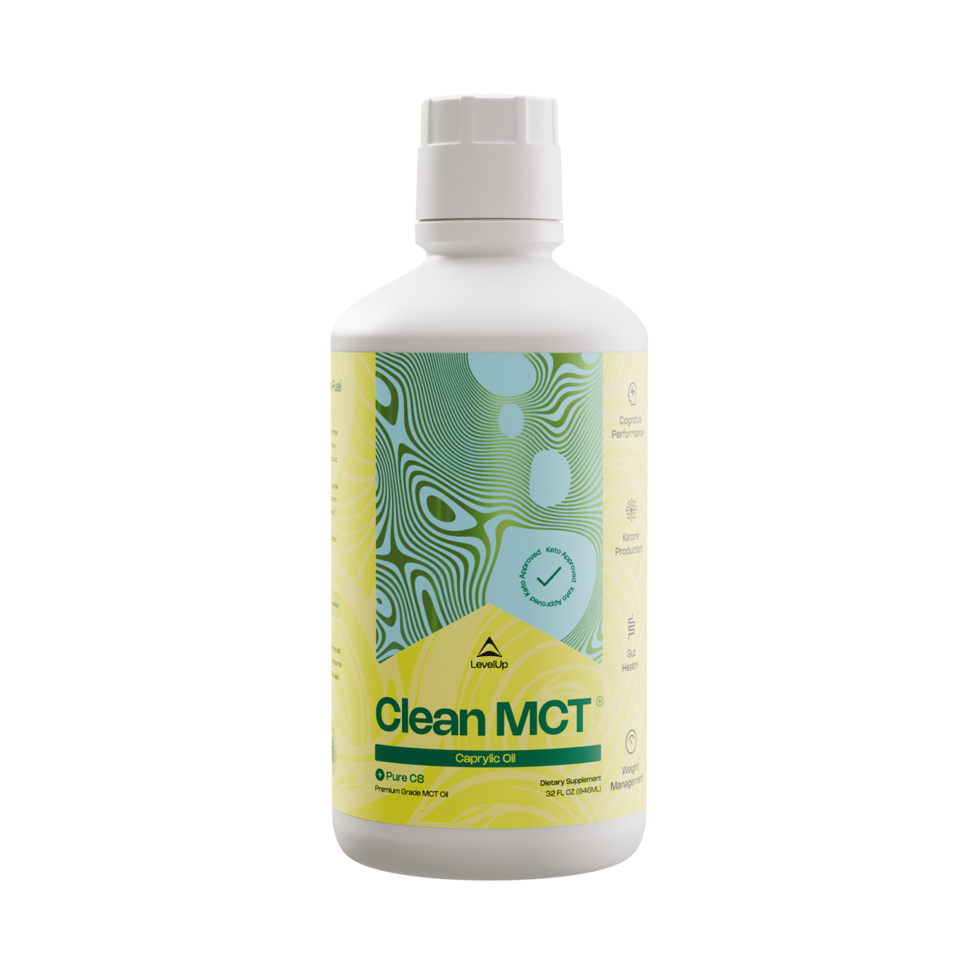 LevelUp Clean MCT Oil, 100% Pure C8 Caprylic Acid from Coconut, Keto, 32 fl oz