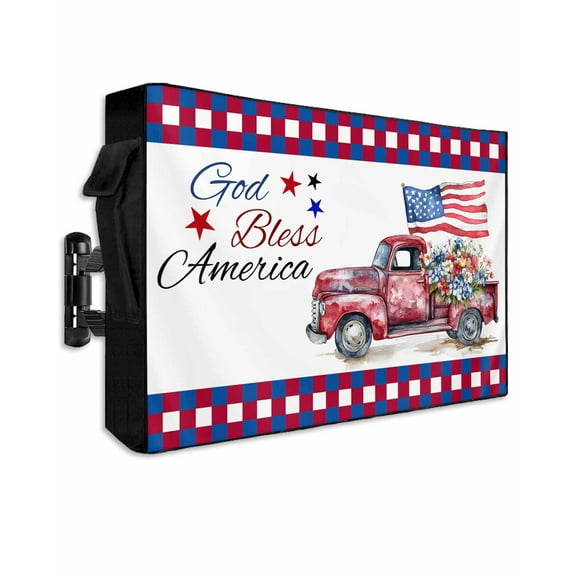 4th of July Outdoor TV Cover 60 to 65 Inch Weatherproof, Red Blue Plaid Truck Floral Star 600D Oxford TV Covers with Waterproof Zipper, Outside Flat TV Screen Protector Size 58"W x 37"H x 4.5"D