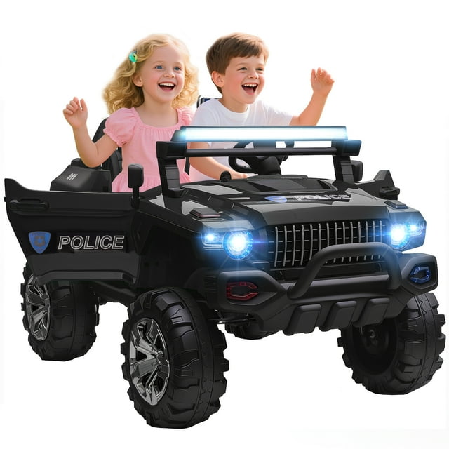 Aosom 2-Seater Kids Ride-On Car 12V RC 2-Seater Police Truck Electric Car For Kids with Full LED Lights, MP3, Parental Remote Control (Black)