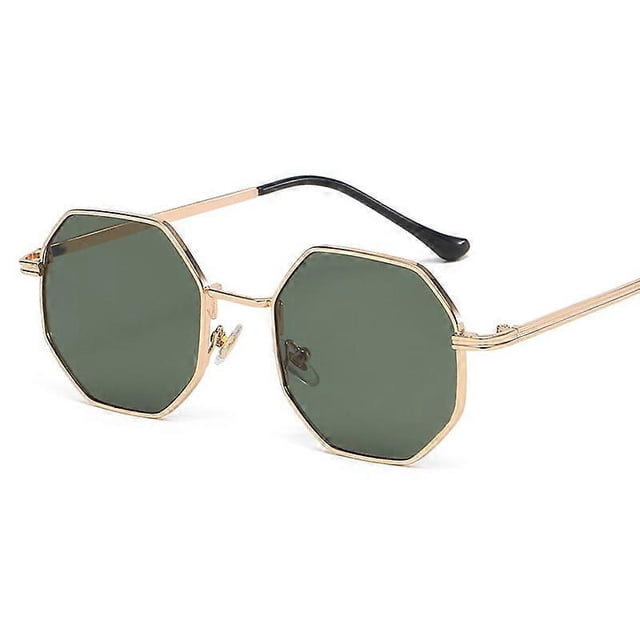 Gafas de sol con montura poligonal de metal y protección UV, lentes degradadas azules y amarillas.