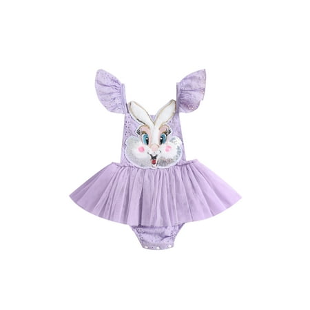

Thaisu Baby Girls Easter Romper Dress Bunny Head Embroidery Fly Sleeve Tulle Skirt Hem Bodysuit