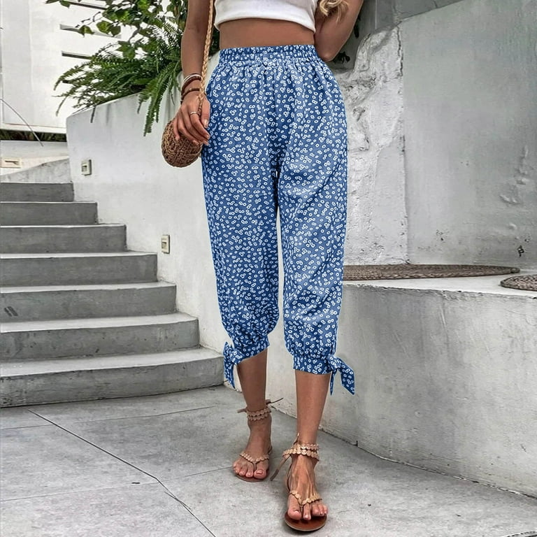WANYNG women's pants Womens Flower Prinnted Linen Capri Pants Elastic Waist  Summer Cropped Trousers With Pockets Cropped Blue 2XL 