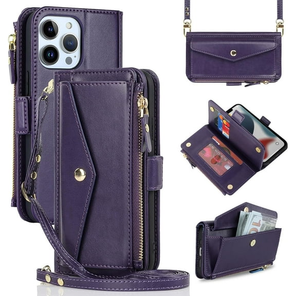 for iPhone 13 Pro Max/12 Pro Max Case Wallet with Crossbody Lanyard for Women,iPhone 12 Pro Max Purse Phone Case with Card Holder,PU Leather Zipper Case,6.7 inch,Purple