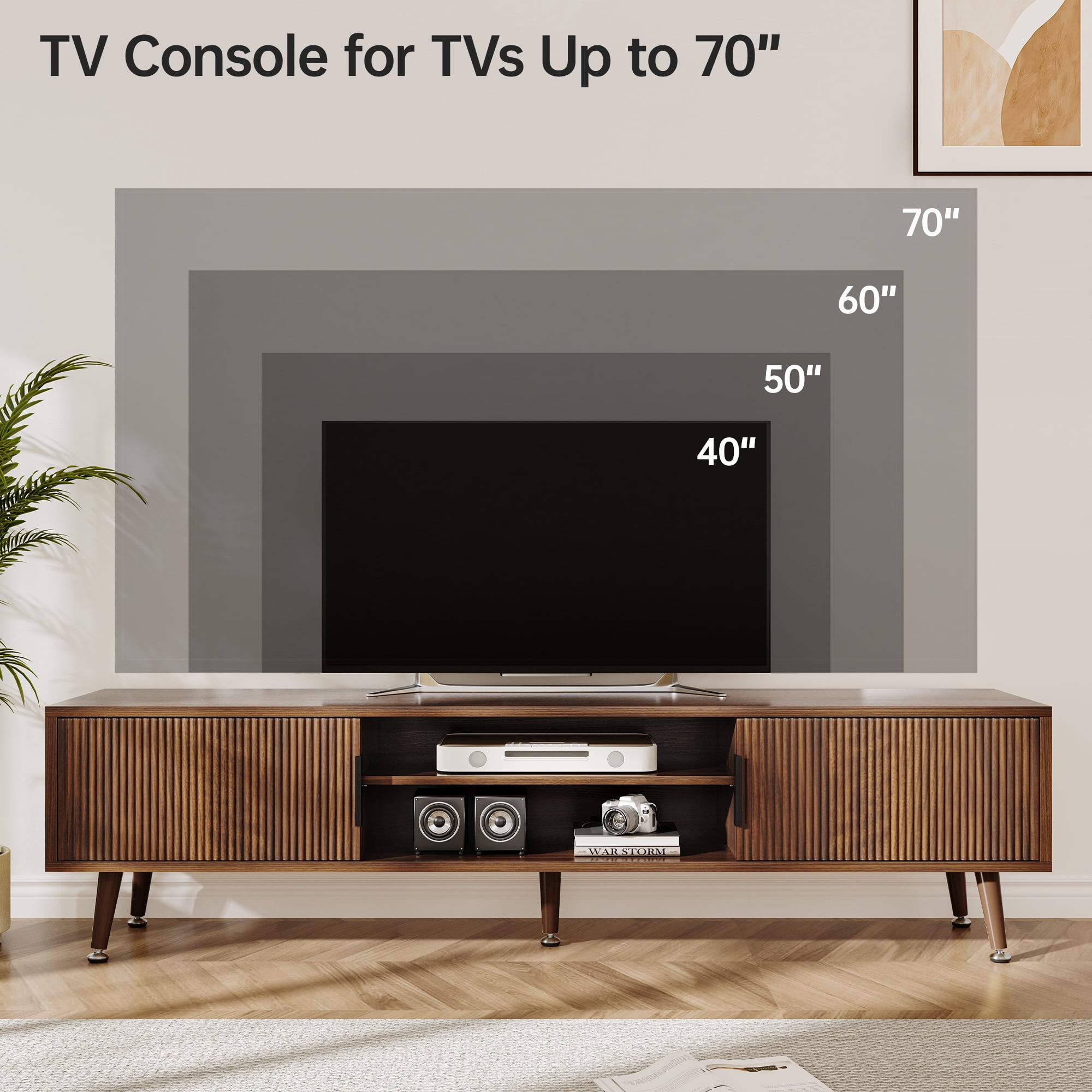 TV Stand for Living Room, Mid Century Modern Entertainment Center for 55/60/65/70 inch TVs, TV Console with Fluted Door Cabinets and Open Shelves, for Bedroom, Living Room, Walnut