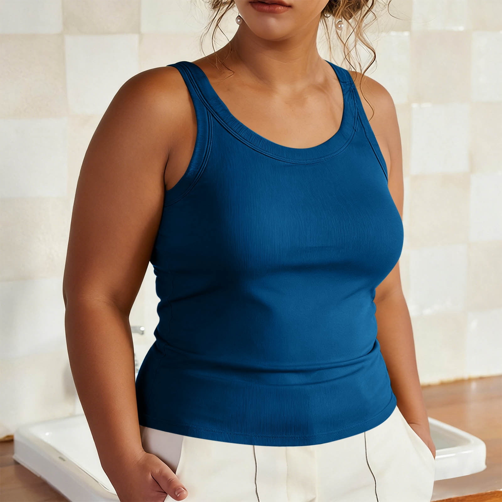 ylioge Womens Plus Size Tank Tops Built in Bras L-5X Sleeveless Crewneck Camisoles Pullover Stretchy Slim Solid Color Basic Loungewear Workout Vests