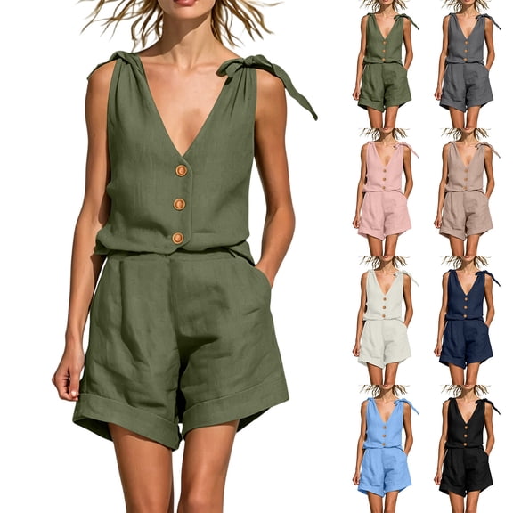 Naotn Women's Summer Linen 2 Piece Outfits Lace Up Sleeveless Matching Sets Button Down V Neck Tank Tops and Pocket Shorts