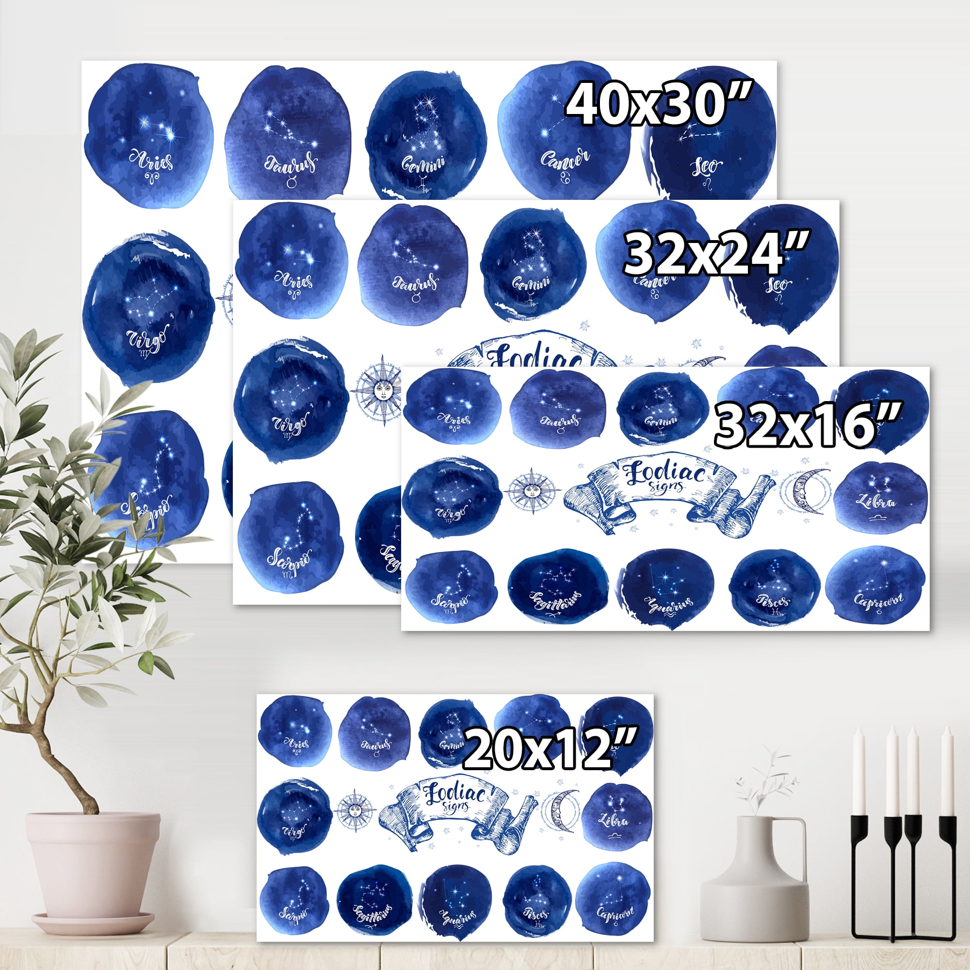 Designart ' Collection of Astrology Signs On Blue Circles ' Modern Canvas Wall Art Print