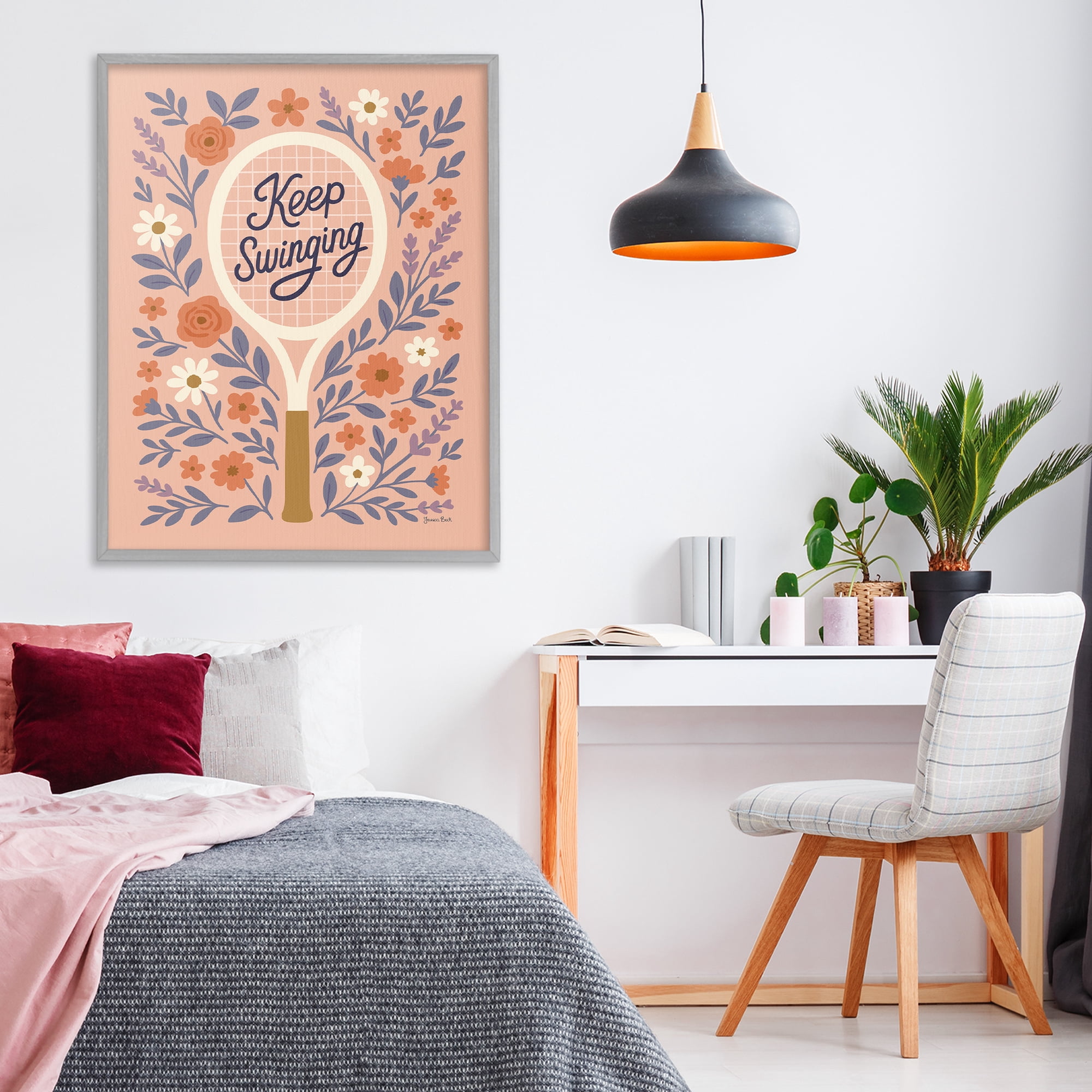 Stupell Industries Keep Swinging Floral Tennis Gray Framed Giclee Art, design by Jessica Beck