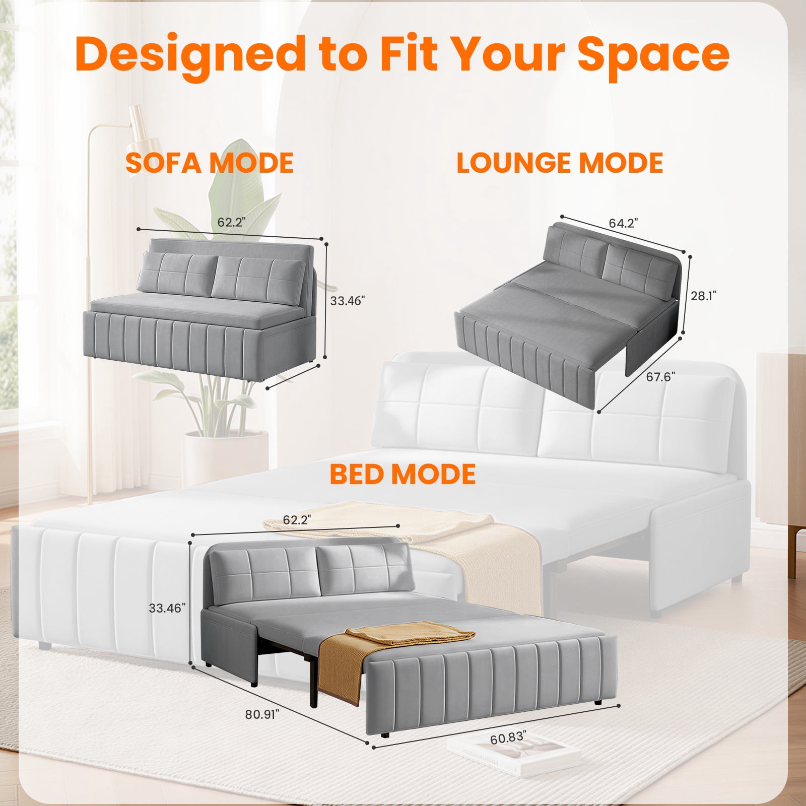 Puremind Queen Size Pull Out Sofa Bed, Convertible Sleeper Sofa with Pull Out Bed, Loveseat Couch Bed with Pillows for Living Room/Apartment, Light Gray
