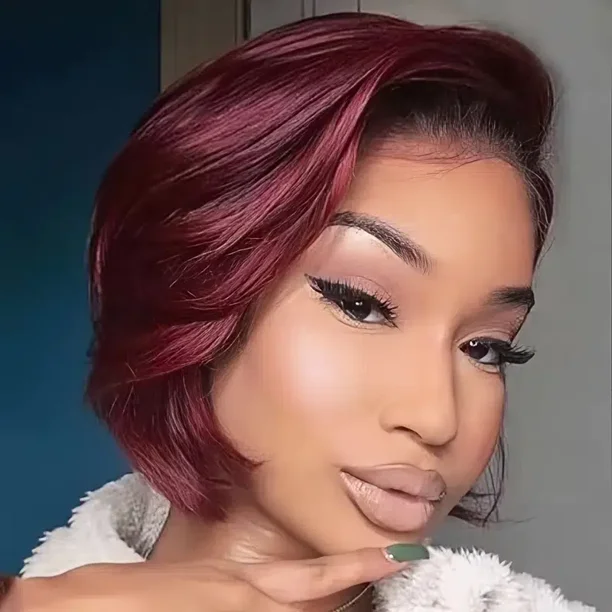100% Human Hair 180% Density Short Wave Bob Hairstyle Black Women's Gradient Burgundy Wig Bob Hair Wig Women's 100% Human Hair 180% Density Short Wave Bob Hairstyle Black Women's Gradient Burgundy Wig Bob Hair Wig Women's
