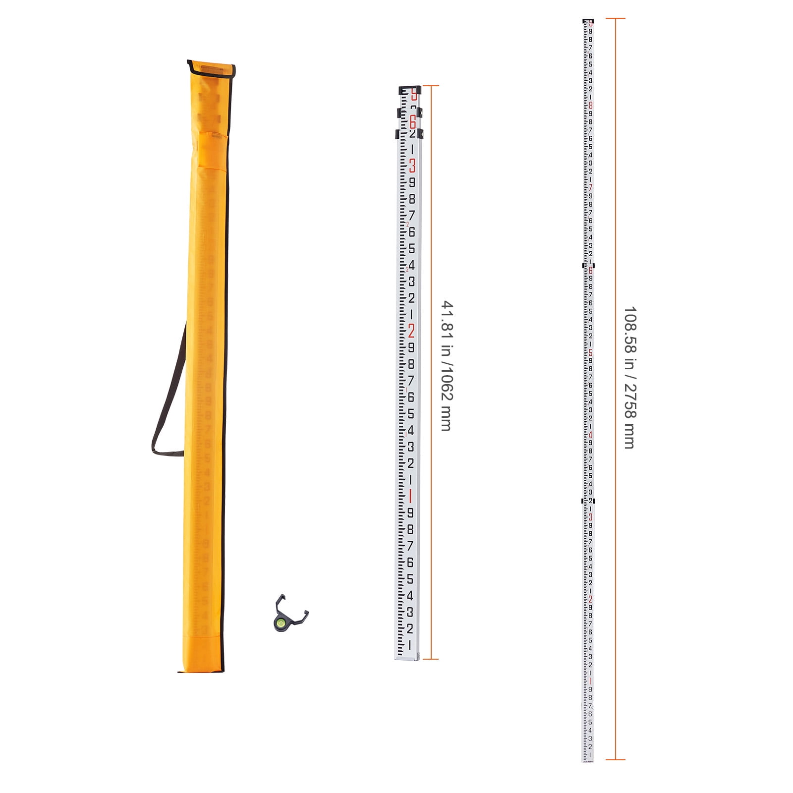 KFFKFF Aluminum Measuring Stick, 9-Ft/10ths, 3-Part Telescoping Survey Rod, Dual-Sided 1/10ft Scale, with Bubble Level & Carry Case for Residential & Commercial Construction