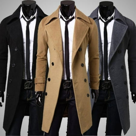 Fashion Men´s Trench Coat Warm Thicken Jacket Woolen Peacoat Long Overcoat