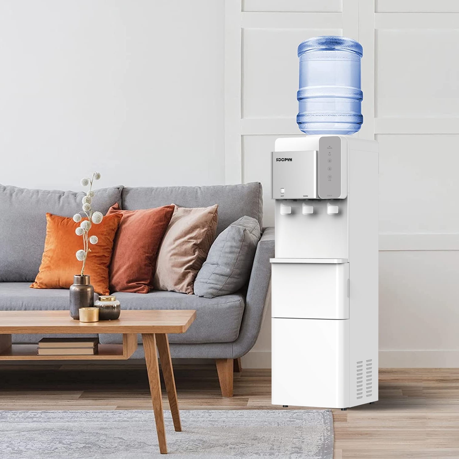 SOOPYK Top Load Water Dispenser Built-in Ice Maker for 3 or 5 Gallon 3 Temperature Setting 27 lbs Daily Capacity Night Light Child Safety Lock White