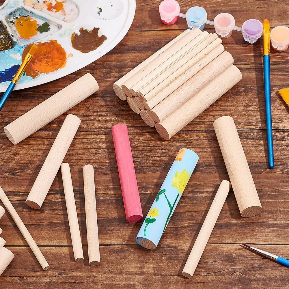 50 Pcs 5 Sizes Wooden Small Cylinder 3.94x0.24-0.79 Inch Unfinished Beech Wood Craft Sticks for DIY Crafts Painting Home and Garden Decoration Bisque
