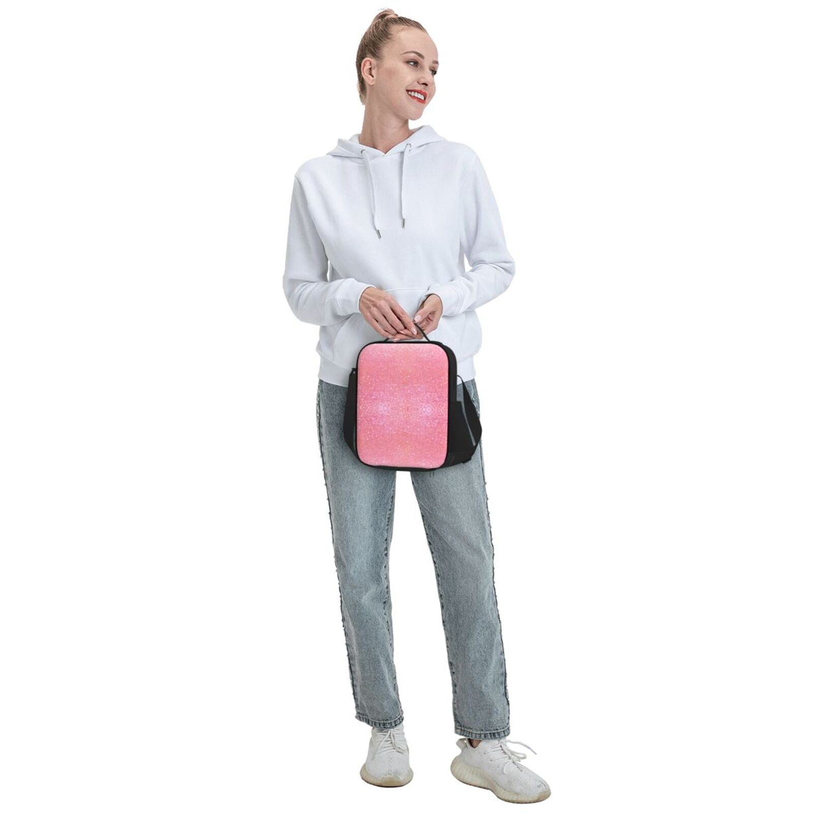 Rateoe Sparkly Pink Glitter Lunch Bag Reusable Lunch Box with Shoulder Straps for Men Women Insulated Portable Lunchbox for adults Suitable for School Work Picnic