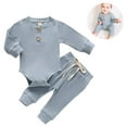 thumbnail image 2 of Laklulu - Conjuntos de ropa de otoño para recién nacidos, niñas y niños, mono de algodón de punto de manga larga y pantalones, conjuntos de invierno para bebés, azul claro, talla 80, 2 of 6