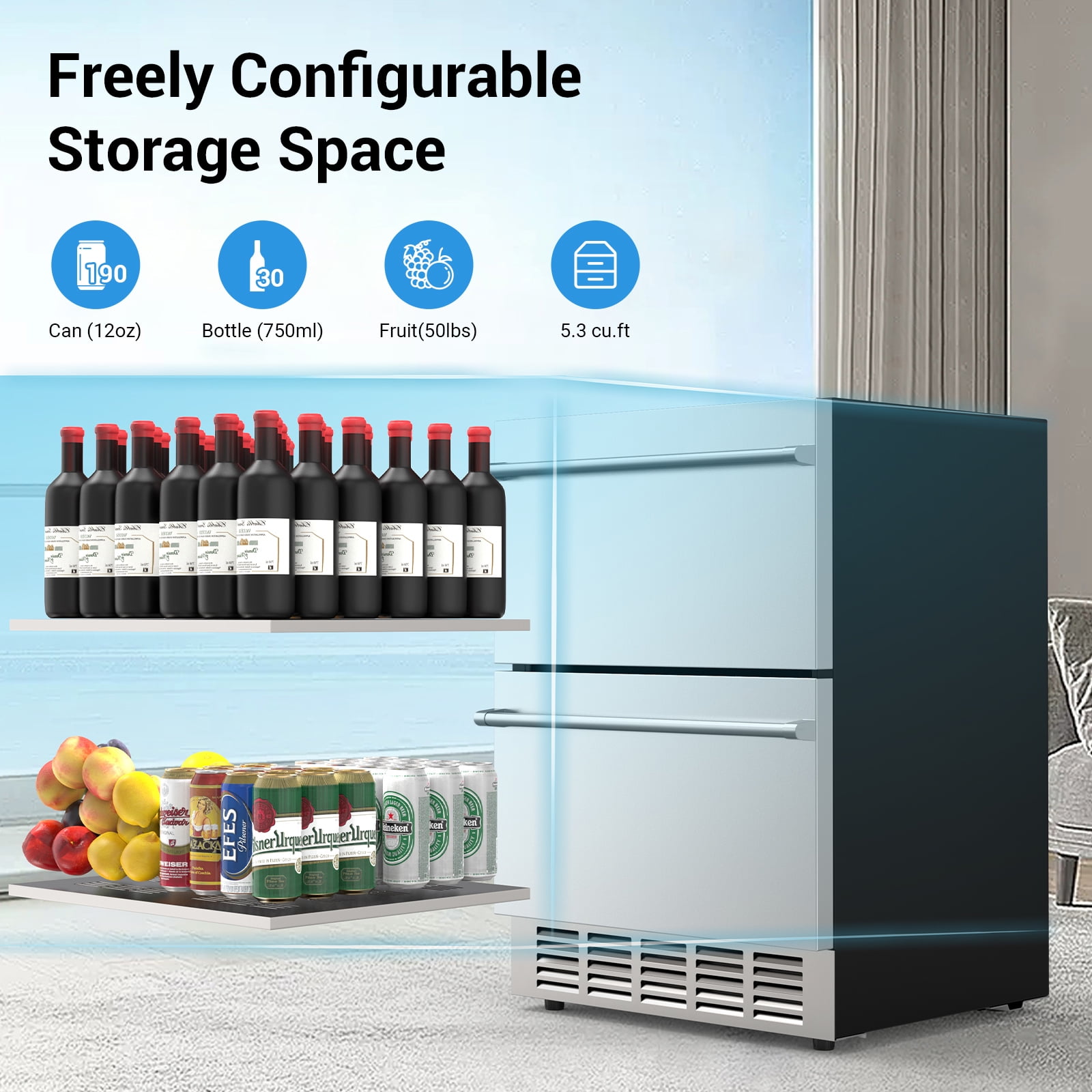 Joreek 24 Inch Under Counter Double Drawer Fridge Two Drawer Refrigerator Indoor Beverage Refrigerator, Stainless Steel Beverage Fridge for Home & Commercial Use (Foam Door)