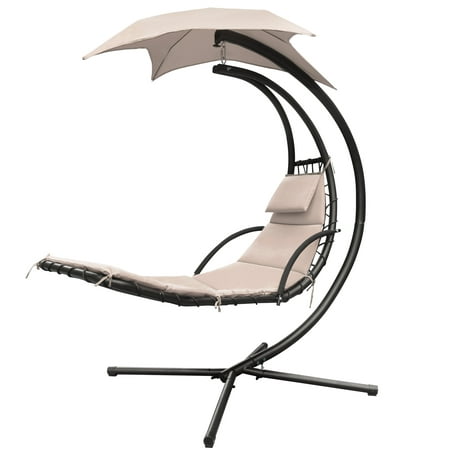 Lacoo Patio Hammock Lounge Chaise Chair Outdoor Hanging And Swinging Lounge Chair With Free Standing Floating Bed Furniture (Beige)