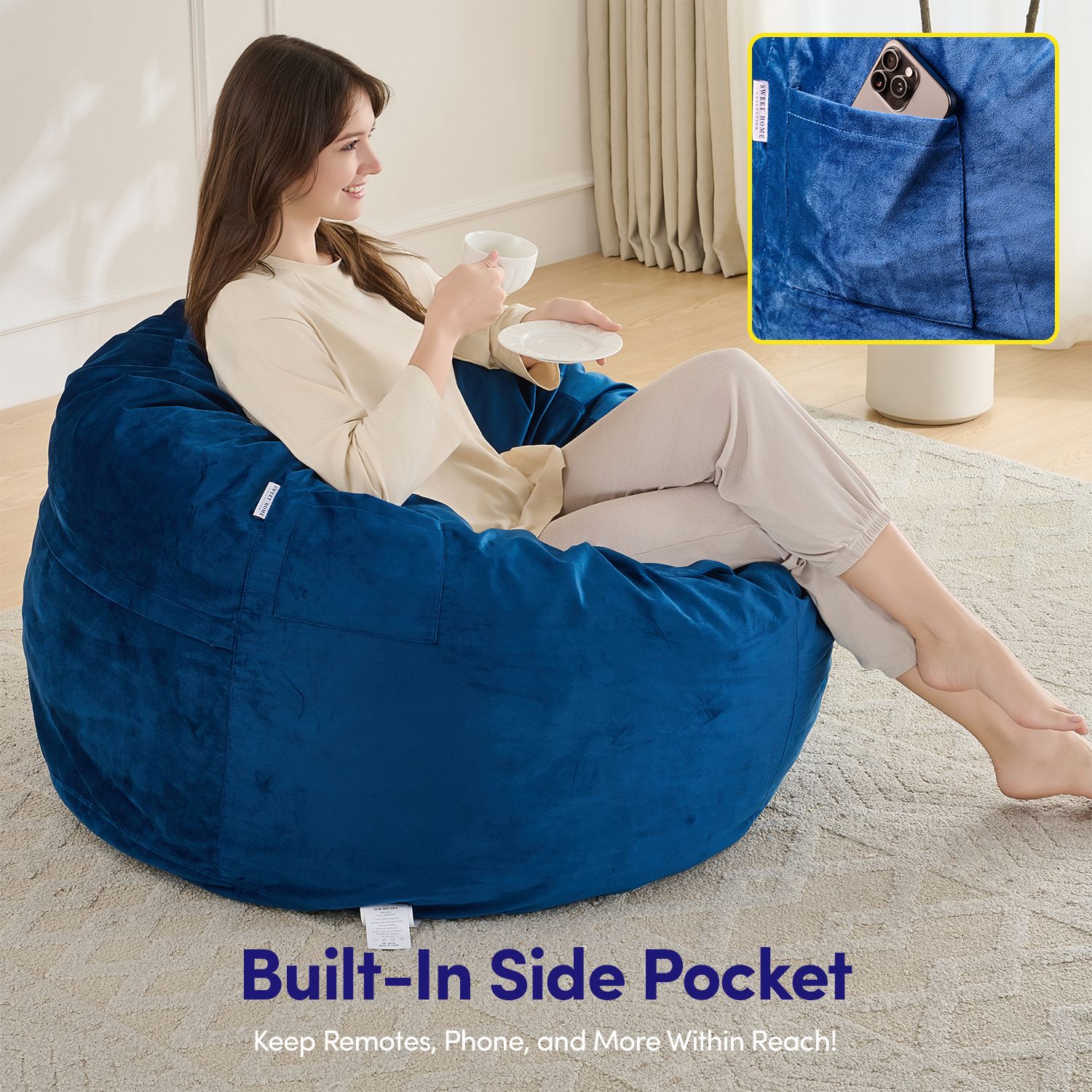 3FT Bean Bag Chair, Adults Foam Round Big Sofa Bean Bag for All Ages, Removable Velvet Cover, Navy Blue