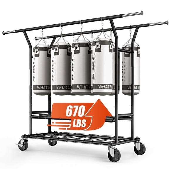 670 lbs Heavy Duty Clothes Rack with Wheels and Adjustable Double Rods Stainless-Steel Garment Rack with Mesh Shelf and Adjustable Height Clothes Drying Rack, 75"L×70"H×23"W