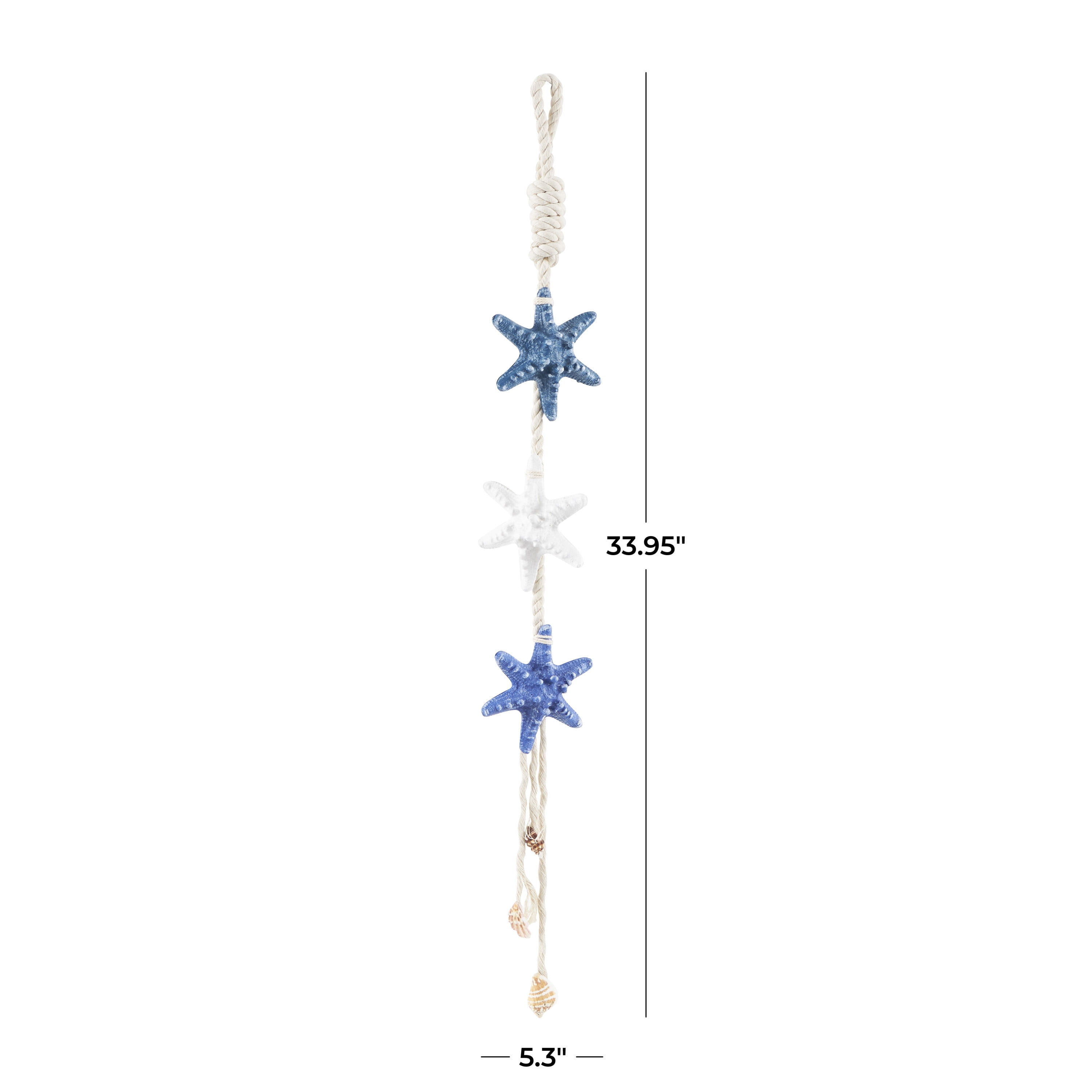 DecMode Cream Resin Handmade Layered Starfish Wall Decor with White Hanging Rope and Seashell Accents