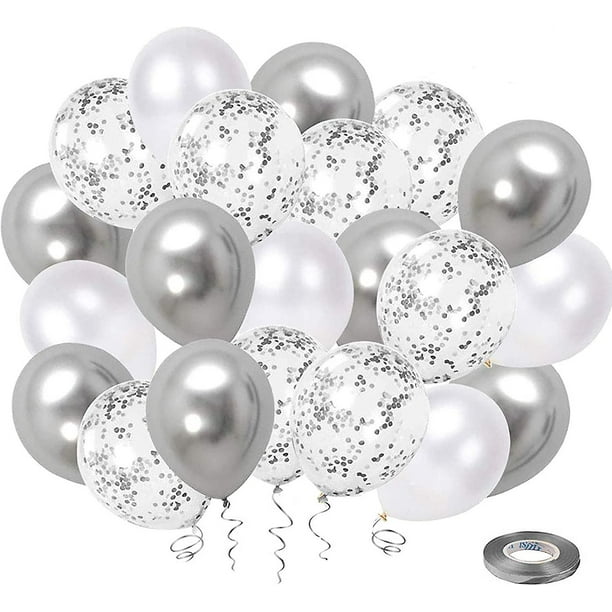 Globos De Látex De Confeti De Plata Blanca, Paquete De 50 Globos De Fiesta De Cromo Metálico Plateado De 12 Pulgadas Con Cinta Plateada Para Bodas, Cumpleaños, Baby Shower Deco