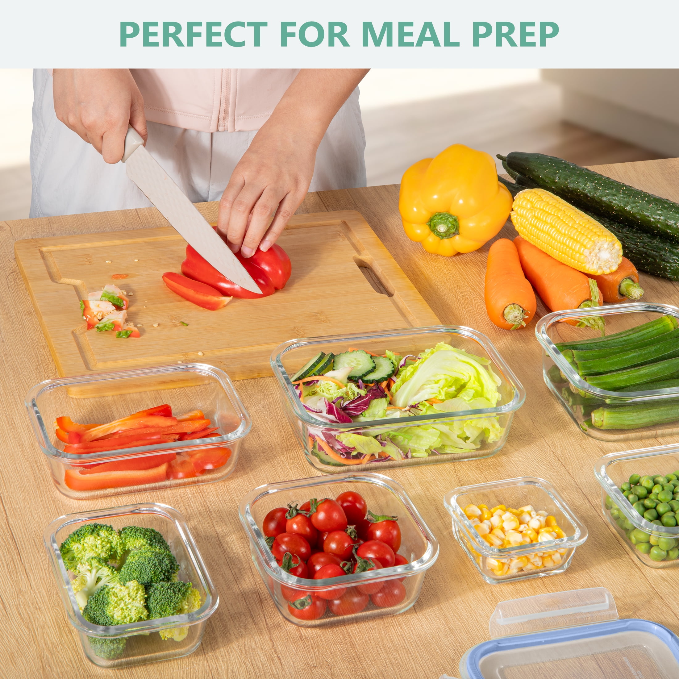 GPED 8 Pack Glass Meal Prep Containers, Food Storage Containers with Lids, Glass Lunch Boxes, Airtight Bento Boxes, for Microwave, Oven, Freezer and Dishwasher Safe, Blue