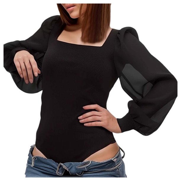 Mono de manga larga con cuello cuadrado para mujer - Conjunto informal de gasa para primavera/verano con tirantes ajustables